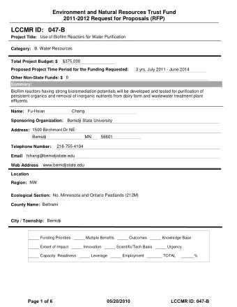 LCCMR ID: 047-B  Project Title:  Use of Biofilm Reactors for Water Purification  Category:  B.
