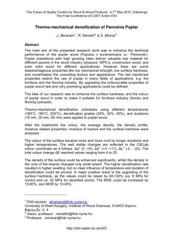 Thermo-mechanical densification of Pannnia Poplar J. brahm 1 , R. Nmeth 2 &amp; S. Molnr