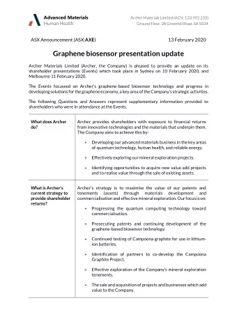 Graphene biosensor presentation update  Archer Materials Limited (Archer, the Company) is pleased
