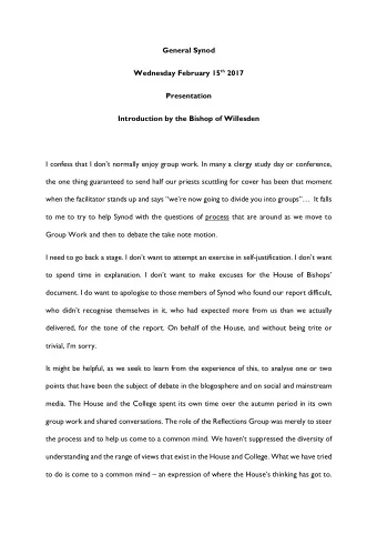 General Synod Wednesday February 15 th 2017  Presentation  Introduction by the Bishop of Willesden