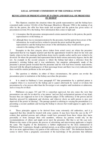 LEGAL ADVISORY COMMISSION OF THE GENERAL SYNOD  REVOCATION OF PRESENTATION BY PATRON AND REFUSAL OF