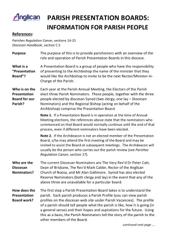 PARISH PRESENTATION BOARDS:  INFORMATION FOR PARISH PEOPLE  References: Parishes Regulation Canon ,