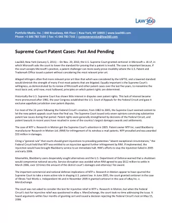 Supreme Court Patent Cases: Past And Pending  Law360, New York (January 5, 2011) -- On Nov. 29,