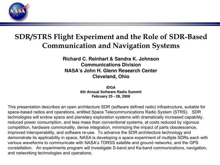 sdr strs flight experiment and the role of sdr based