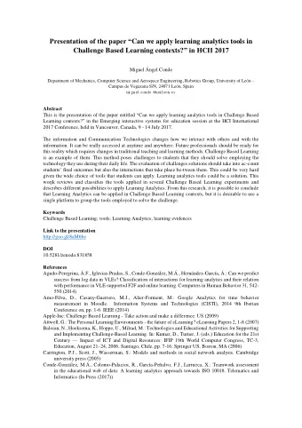Presentation of the paper  Can we apply learning analytics tools in Challenge Based Learning