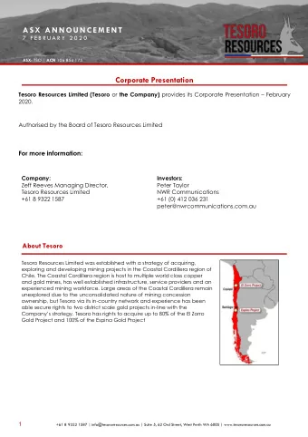 A S X  A N N O U N C E M E N T  7  F E B R U A R Y  2 0 2 0 ASX: TSO | ACN 106 854 175  Corporate