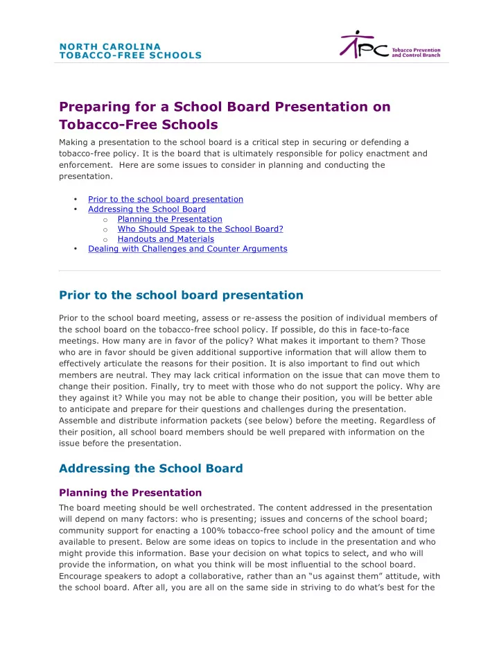 preparing for a school board presentation on tobacco free