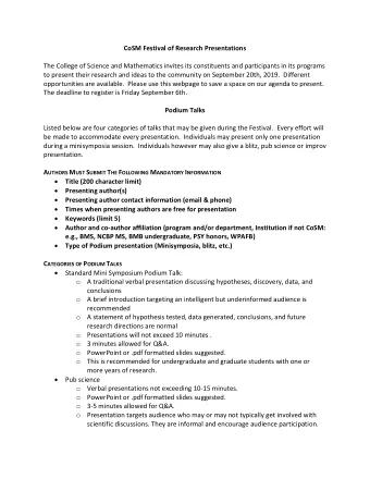 CoSM Festival of Research Presentations  The College of Science and Mathematics invites its