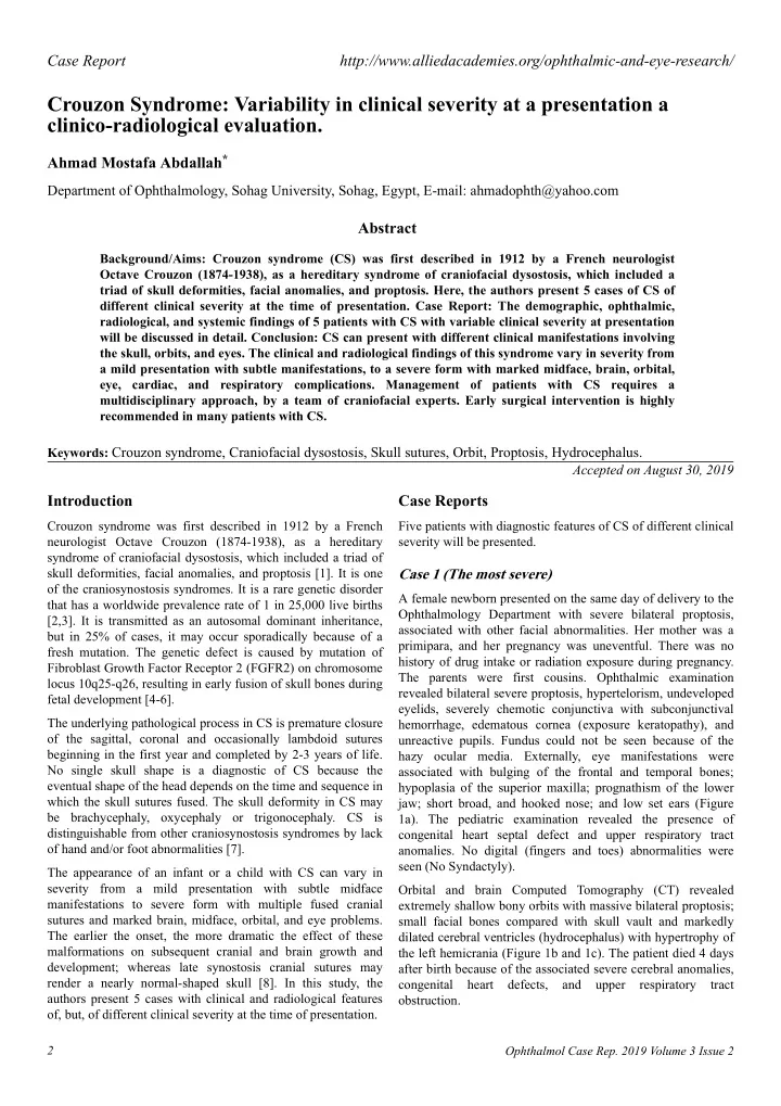 crouzon syndrome variability in clinical severity at a