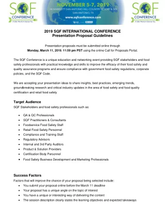 2019 SQF INTERNATIONAL CONFERENCE  Presentation Proposal Guidelines  Presentation proposals must be