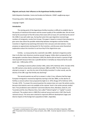 Migrants and locals: their influence on the Argentinean fertility transition 1  Edith Alejandra