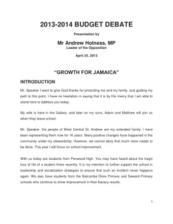 2013-2014 BUDGET DEBATE  Presentation by  Mr Andrew Holness, MP  Leader of the Opposition  April