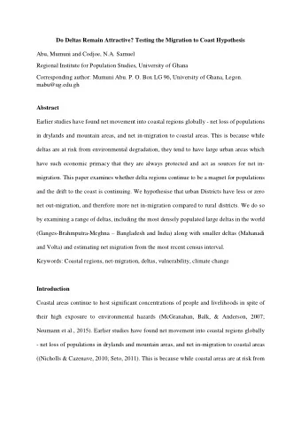 Do Deltas Remain Attractive? Testing the Migration to Coast Hypothesis  Abu, Mumuni and Codjoe,