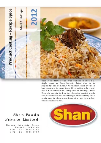 2012  Product Costing  Recipe Spice  Adeel A. Siddiqui  Sha n F  o o ds (Priva te ) L  td . wa s
