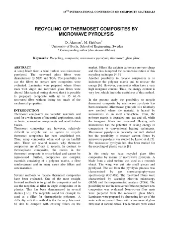 RECYCLING OF THERMOSET COMPOSITES BY  MICROWAVE PYROLYSIS D. kesson 1 , M. Skrifvars 1 1