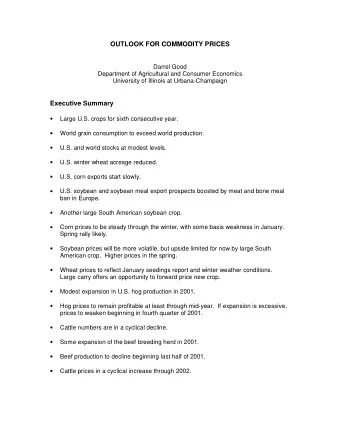 OUTLOOK FOR COMMODITY PRICES  Darrel Good  Department of Agricultural and Consumer Economics