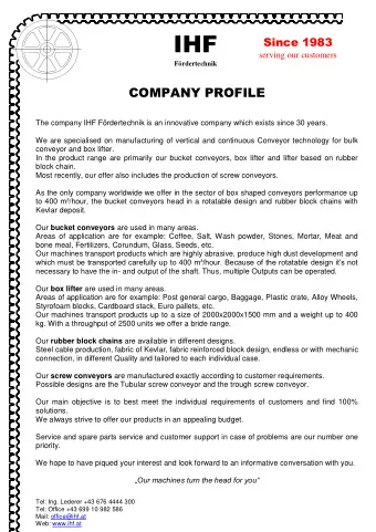 IHF  Since 1983 serving our customers  Frdertechnik  COMPANY PROFILE  The company IHF
