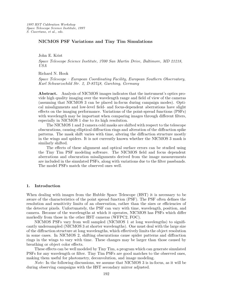 nicmos psf variations and tiny tim simulations
