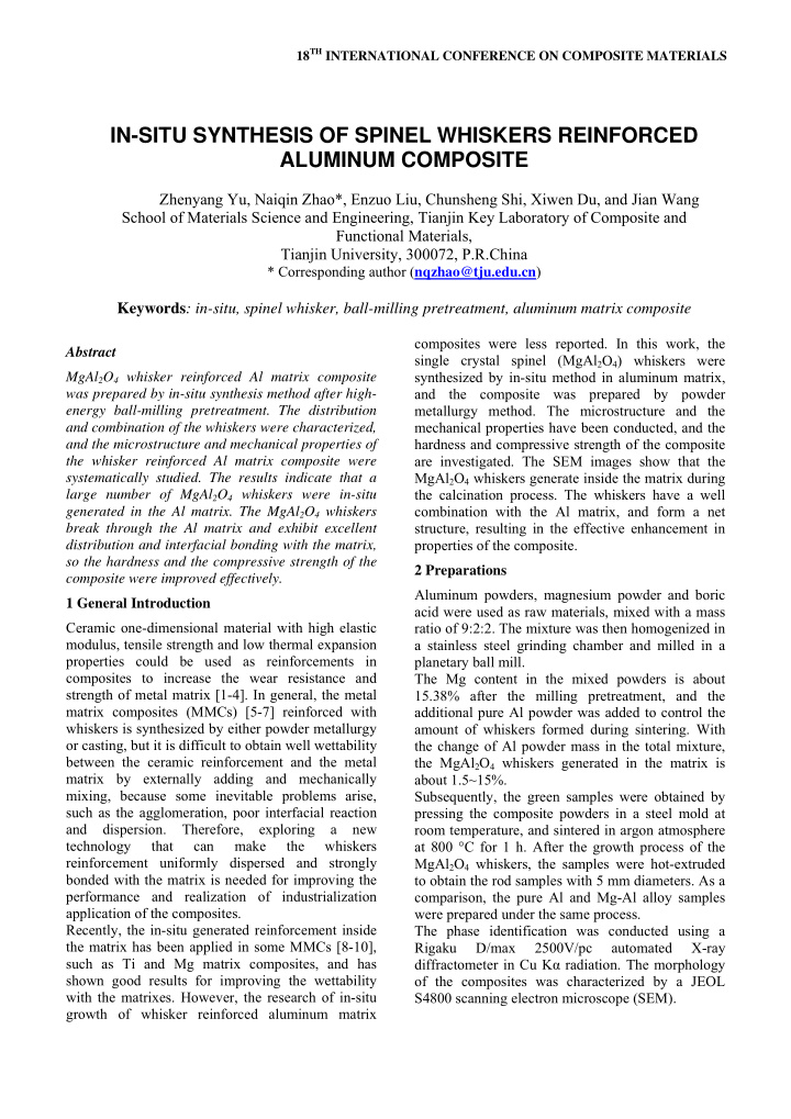 in situ synthesis of spinel whiskers reinforced aluminum