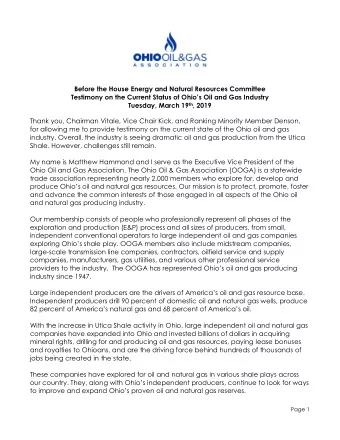 Before the House Energy and Natural Resources Committee Testimony on the Current Status of Ohios