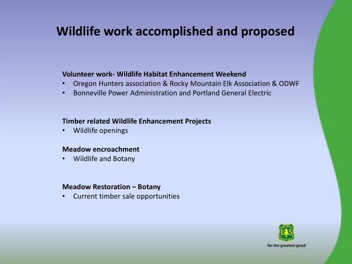 wildlife work accomplished and proposed