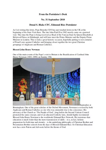 From the Postulator's Desk  No. 31 September 2010  Donal S. Blake CFC, Edmund Rice Postulator  As I