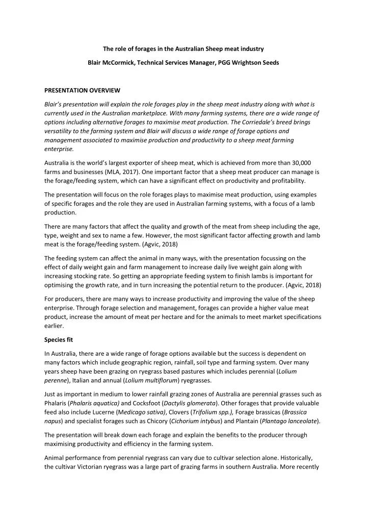 the role of forages in the australian sheep meat industry