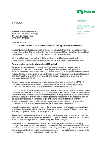 Credit Suisse 2020 London Chemical and Agriculture Conference  In accordance with the Listing