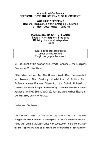 International Conference  REGIONAL GOVERNANCE IN A GLOBAL CONTEXT  WORKSHOP SESSION 3