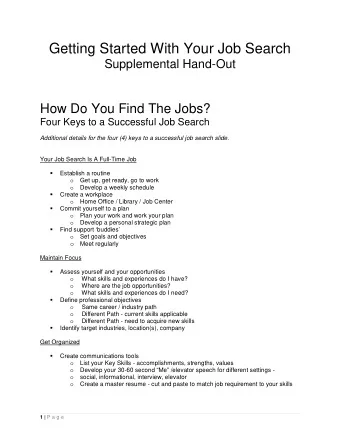 Supplemental Hand-Out  How Do You Find The Jobs?  Four Keys to a Successful Job Search  Additional
