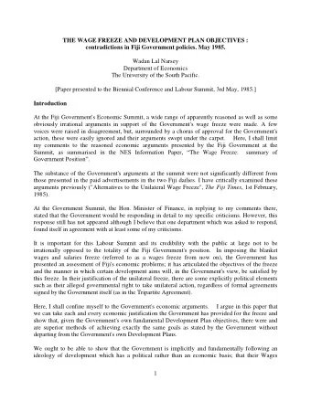 THE WAGE FREEZE AND DEVELOPMENT PLAN OBJECTIVES :  contradictions in Fiji Government policies. May