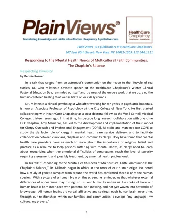 Responding to the Mental Health Needs of Multicultural Faith Communities: The Chaplain  s