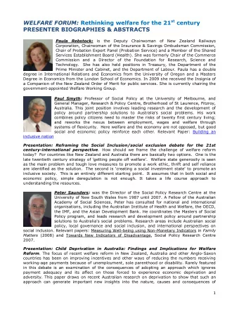 WELFARE FORUM: Rethinking welfare for the 21 st century  PRESENTER BIOGRAPHIES &amp; ABSTRACTS