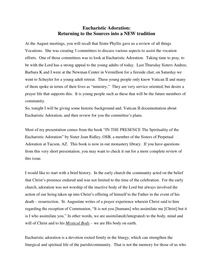eucharistic adoration returning to the sources into a new