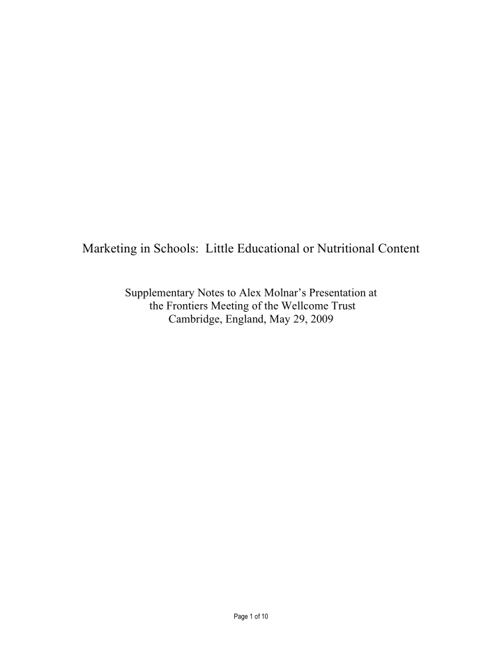 marketing in schools little educational or nutritional