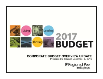 CORPORATE BUDGET OVERVIEW UPDATE  Presented to Council December 8, 2016  1  Investing in a