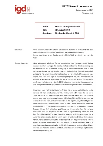 1H 2013 result presentation  Conference call and Q&amp;A  7th August 2013  Event:  1H 2013 result