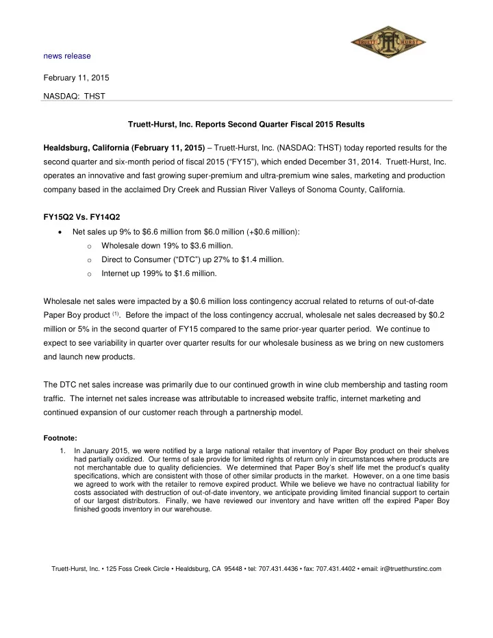 news release february 11 2015 nasdaq thst truett hurst