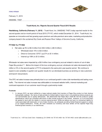 news release  February 11, 2015  NASDAQ:  THST  Truett-Hurst, Inc. Reports Second Quarter Fiscal