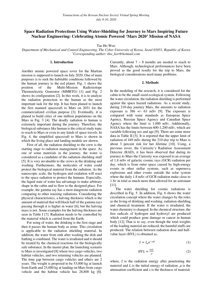 space radiation protections using water shielding for