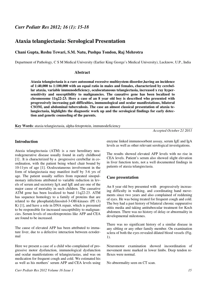 ataxia telangiectasia serological presentation chani