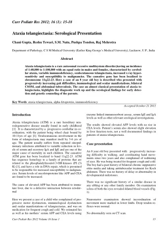 Ataxia telangiectasia: Serological Presentation  Chani Gupta, Reshu Tewari, S.M. Natu, Pushpa