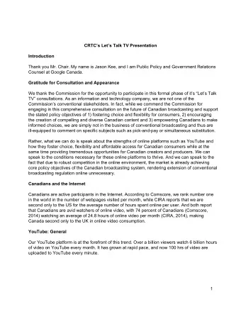 CRTCs Lets Talk TV Presentation  Introduction  Thank you Mr. Chair. My name is Jason Kee, and