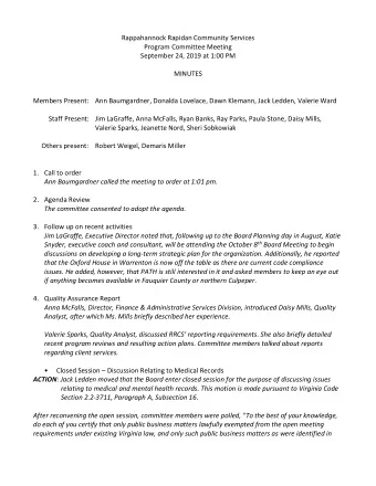 Rappahannock Rapidan Community Services  Program Committee Meeting  September 24, 2019 at 1:00 PM