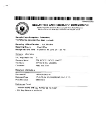 DEL MONTE PACIFIC LIMITED i  9 September 2016 SGX-ST/PSE/MEDIA RELEASE: (unaudited results for the