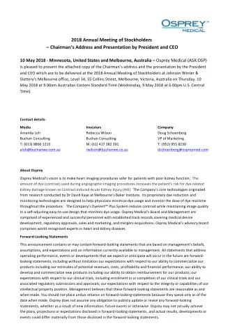 2018 Annual Meeting of Stockholders   Chairmans Address and Presentation by President and CEO