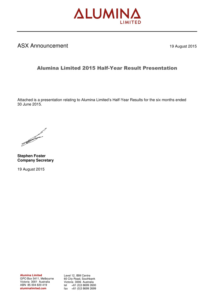 asx announcement 19 august 2015 alumina limited 2015 half