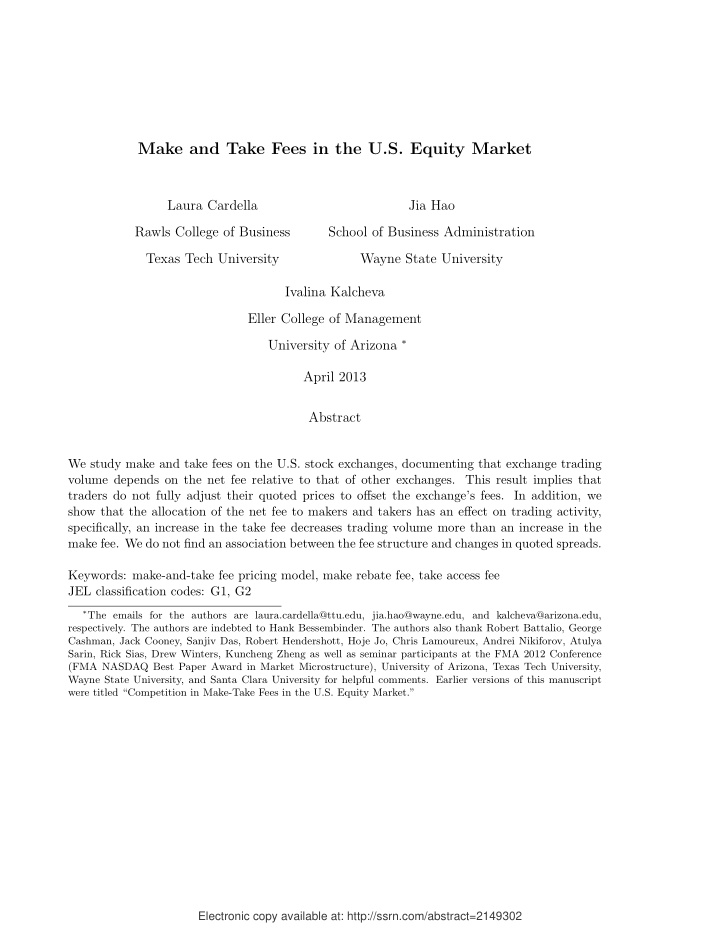 make and take fees in the u s equity market