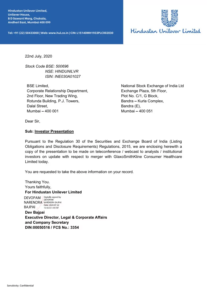 22nd july 2020 stock code bse 500696 nse hindunilvr isin