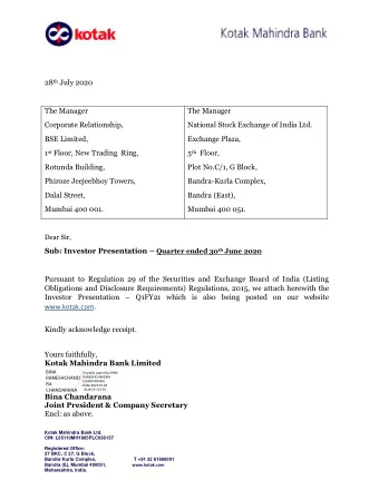 28 th July 2020  The Manager The Manager  Corporate Relationship,  National Stock Exchange of India